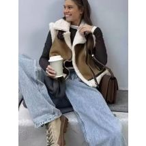 2024 frauen Mode Braun Fleece Weste Patchwork Zipper Warme Verdickte Ärmellose Dünne Mantel Frauen Cropped Tops Straße