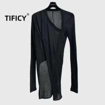 Frühling Damen Neues Produkt Design Slim Fit Langarm Top Damen Dreidimensionaler Schnitt Schräge Schulter V-Ausschnitt Basis T-Shirt