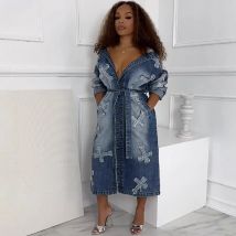Denim Luxury Designer Coats 2024 Clothes Y2K Streetwear Cross Embroidery Denim Long Jean Jacket Women Winter Cardigans Jackets