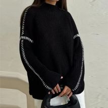 Neue Herbst Frauen Elegante Oansatz Schwarz Weiß Farbe Kontrast Gestrickte Pullover Langarm Pullover Winter Patchwork Damen Outwear