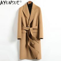 AYUNSUE Cappotto in pura lana 100% Cappotto di lana double face da uomo Medio doppiopetto Cintura sopra il ginocchio Giacca di lana invernale F