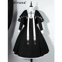 Original japanische Lolita Kleider Frauen College Goth dunkle hohe Taille Slim-Fit elegante Kreuz Stickerei Spitze Langarm Kleid op