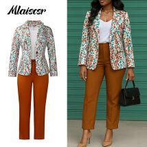 Mlaiscsr Fashion Print 2-Piece Blazer Suits Women Lapel Long Sleeve Jacket Blazer Pant Sets Elegant Office Lady 2pcs Outfits