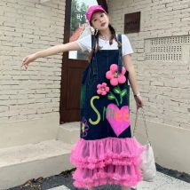 Sommer Frauen 3D Blumen Mesh Verstärktes Blau Rosa Denim Strap Kleid Lange Gaze Rüschen Graffiti Jean Kleid Cowboy Overall Vestidos