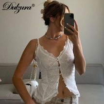 Dulzura Damen-Unterhemd, ärmellos, Spitze, schmal, bauchfrei, mit Knopf, solides, sexy, lässiges Oberteil, Party, Club, Streetwear, Herbst- und Winterkleidung