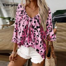 Elegante Blusen mit Leoparden muster Damenmode V-Ausschnitt 3/4 Ärmel lose Pullover Tops Herbst Freizeit hemden für Frauen