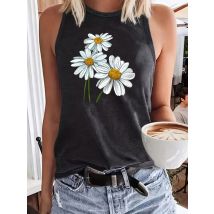 T-shirt da donna estiva con stampa floreale girocollo traspirante ampia traspirante e comoda senza maniche