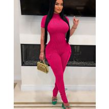 Neue frauen Overalls Sexy Süße Rosa Aushöhlen Overall Streetwear Fashion Taschen Kurzarm Dame Elegante Strampler Kleidung