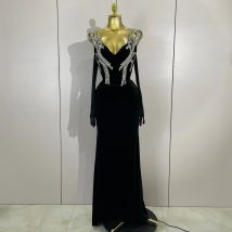Women Strapless Shining Diamond Velvet Bodycon Long Dress With Gloves Elegant Celebrate Birthday Cocktail Evening Party Outfit