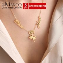 eManco Personalisierte individuelle Halskette mit mehreren Namen, Edelstahl, botanische Blumen-Halsketten, Muttertag, Schmuck, Geschenk