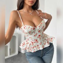 Floral Unregelmäßige Crop Tops Volants Lace Up Leibchen Schlank Ärmellose Weste Frauen Spaghetti-trägern Tank Top Sommer Mode Korsett