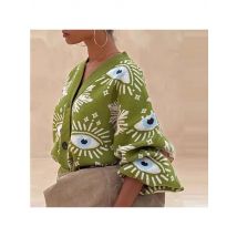 Vintage Geometric Print Sweater Cardigan Woman Elegant Single Breasted V Neck Jacket Autumn Long Sleeve Loose Knitwear Top Mujer