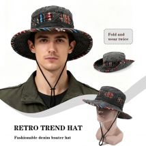 Vintage Frayed Edge Fashion Denim Fischerhut für Männer, einfach gewaschener Distressed Bucket Hat, Sommer Outdoor Sonnenschutz Bucket Hat zum Angeln und Wandern
