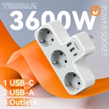 TESSAN EU-Steckdosenleiste mit 3 AC-Steckdosen + 2 USB-Anschlüssen + 1 Typ C, 6-in-1-Steckdosenadapter, Wandladegerät für das Heimbüro