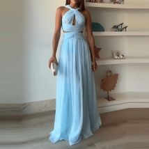 Elegantes, rückenfreies, schmal geschnittenes Abendkleid für Damen, modisches, ausgehöhltes, ärmelloses Cocktailkleid, blaues, schulterfreies, plissiertes langes Kleid