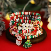 KunJoe 6 teile/satz Nette Weihnachtsbaum Schneemann Anhänger Armband Frauen Polymer Clay Perlen Einstellbare Elastische Armbänder Schmuck Geschenk