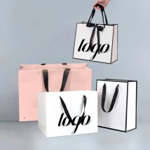 10/50 Custom Logo Printed Thick Grossy White Paper Bags Packing for Small Business Cardboard Paper Shopping Gift Bag with String