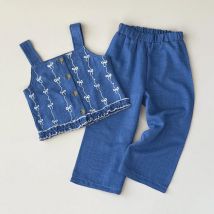 Sommer Neue 2025, Baby Mädchen Anzüge Imitation Denim Bogen Drucken Ärmellose Tops und Hosen Zwei-stück Set Casual Kinder kleidung