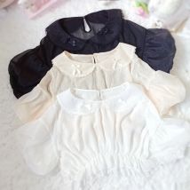 Süße Lolita-Stil Blusen Kawaii Frauen niedlichen Bogen Peter Pan Kragen Rüschen Kurzarm dünne Chiffon-Shirt transparent innen oben