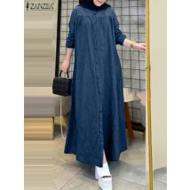 ZANZEA Ramadan Hijab Kleider Muslimischen Abaya Robe Femme Casual Langarm Kaftan Isamic Vestidos Frauen Denim Blau Maxi Kleid 2025