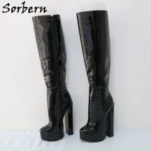 Sorbern Schwarze kniehohe Stiefel für Damen, Blockabsatz, Plateauschuhe, individueller durchgehender Reißverschluss, Unisex-Stil, große Größe, hoher Fußgewölbe