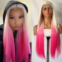 Platinblond bis heiße rosa synthetische Lace-Front-Perücken für Frauen, natürlicher Haaransatz, langes glattes Haar, Ombre-Rosa-Spitzenperücken, Cosplay