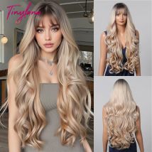 Lockige lange goldbraune Ombre-Synthetik-Perücken mit Schichten, Lolita, Cosplay, Farbverlauf, gewellt, hitzebeständig, Perücke für Frauen, natürlich, täglich