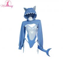 MOBBUNNY Damen-Dessous-Set, Kawaii-Katzen-Haifisch-Body mit Ausschnitt, bauchfreier Kapuzenpullover und Schwanz, Cosplay-Kostüm