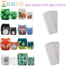 (8 pañales con 8 insertos por paquete) pañales de tela ALVABABY para bebé, pañales de tela reutilizables lavables ajustables a la moda para bebé