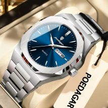 POEDAGAR Fashion Male Wristwatch Luminous Waterproof Stainless Steel Men's Clock Date Week Quartz Business Watches For Men Reloj