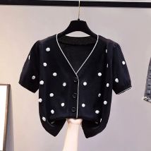 Polka Dot Casual Gestrickte Kurzarm Chic V-ausschnitt Einreiher frauen Strickjacke Pullover Mode Strickjacke Für Frauen Kleidung