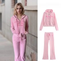 Rosa Samt-Hoodie-Set für Damen, 2025, Frühling, schmale Passform, Trainingsanzug, lässig, sportlich, zweiteiliges Outfit, Loungewear