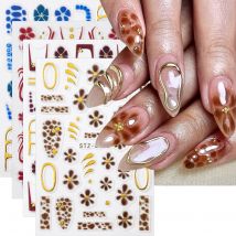 Braune Blume Französischer Farbverlauf Nagelaufkleber Orchidee Blühendes Muster Nail Art Aufkleber Goldene Linie Designs Nagel Charms Dekorationen