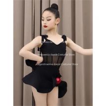 Abito da ballo latino per bambini Abbigliamento da competizione per ragazze Abito in rete con scollo all'americana Abito da spettacolo di danza da sala rumba Nero