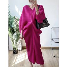 Falten Elegante Gefaltete V-ausschnitt Batwing Elastische Hülse Mid-kalb Kleid Frauen Lose Einfarbig 2025, Sommer Weibliche Neue Kleidung