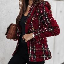 Vintage Karierten Druck Frauen Zweireiher Plaid Print Strickjacke Business Winter Patten Taschen Weibliche Oberbekleidung