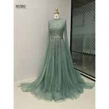 MYMB Exclusive High Neck Cape Sleeves Prom Party Dress Dubai Luxury Belt Beading A-Line Tulle Overlay Evening Gowns MB40029