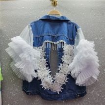 Quasten Spitze Stick ing Denim Weste Mantel zurück Liebe hohle Diamanten Fransen Stickerei Jeans Weste Mesh gespleißte Westen Tanktops