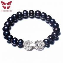 HENGSHENG Große Natürliche Schwarze Perle Armband, 925 Sterling Silber Frauen Modeschmuck Armband, 9-10mm Brot süßwasser Perle, Geschenk