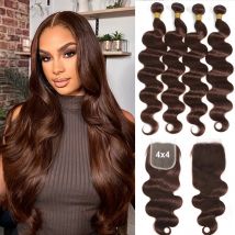 Brown Body Wave Human Hair Bundles With Closure 4x4 HD Transparent Lace Closure And Bundles Deal 100% Remy Human Hair Extension