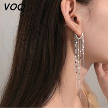 VOQ Silber Farbe handgemachte lange Kette Quaste Liebe Herz Creolen Ohr Schnalle Damen Party Schmuck