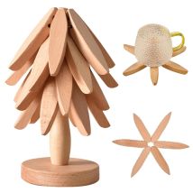 Tree Shape Wooden Trivet Set 4 Trivets + 1 Stand for Hot Dishes Natural Foldable Kitchen Trivet for Pot Bowl Teapot Hot Pot Hold