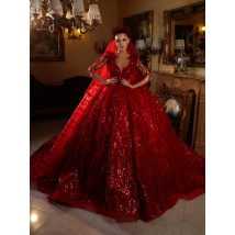 Angepasst2025 Klassische V-ausschnitt Viertel Sleeve Hochzeit Kleid Sparkly Pailletten Brautkleid Luxus Rote Braut Robe Vestidos De Novia
