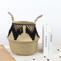 Seagrass Storage Basket Lace Laundry Tassel pendant Basket Natural Rattan Flower Basket Straw Toys storage organizer Black White