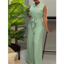 2024 frühling Sommer Ärmel Breite Bein Overall Frauen drehen-unten Neck Tasche Front Zipper Fly Straße Einteiligen Anzug Playsuits