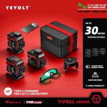 YEVOLT Grüner Laser-Wasserwaage, 3/4-Flugzeug, 12/16-Zeilen, selbstnivellierend, 360° 3D/4D, horizontales und vertikales Leistungsmesswerkzeug YVGLL4XS-Serie