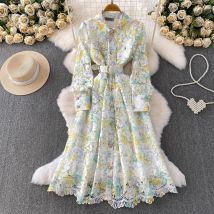 Embroidery Luxury Evening Dress Women Spring Autumn Crochet Hollow Out Lace Midi Dress Shirt Beaded Buttons Prom Party Vestidos