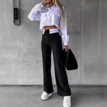 Modische Hemden und Hosen, 2-teiliges Set, Damen-Outfit, bauchfrei, Büro, weites Bein, Temperament, Hemd, Hose, Sets, zweiteiliges Damen-Set