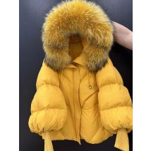 Winter Natural Large Fur Collar Hooded Down Jacket Female Lantern Sleeve Warm Quilted Jacket Women Short White Duck Down Outwear