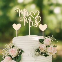 YOMDID Wooden Mr & Mrs Cake Topper Wedding Cake Toppers with 2 Heart for Wedding Anniversary Engagement Birthday Cake Decoration